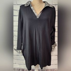 White Stag 2X (18w-20w) 3/4 sleeve, black with rose design collar & sleeves